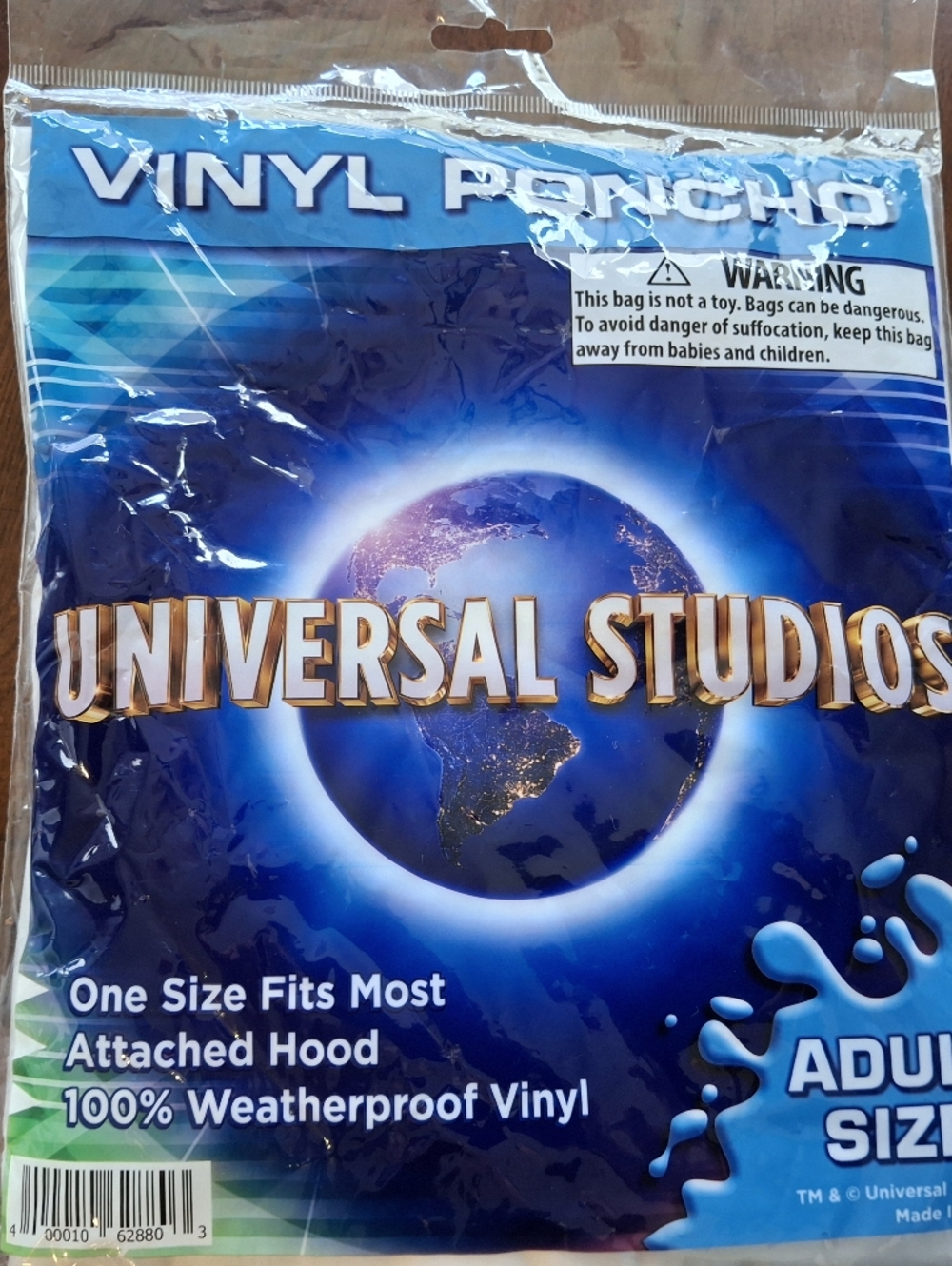 Universal Blue Vinyl Rain Poncho with Gold Logo